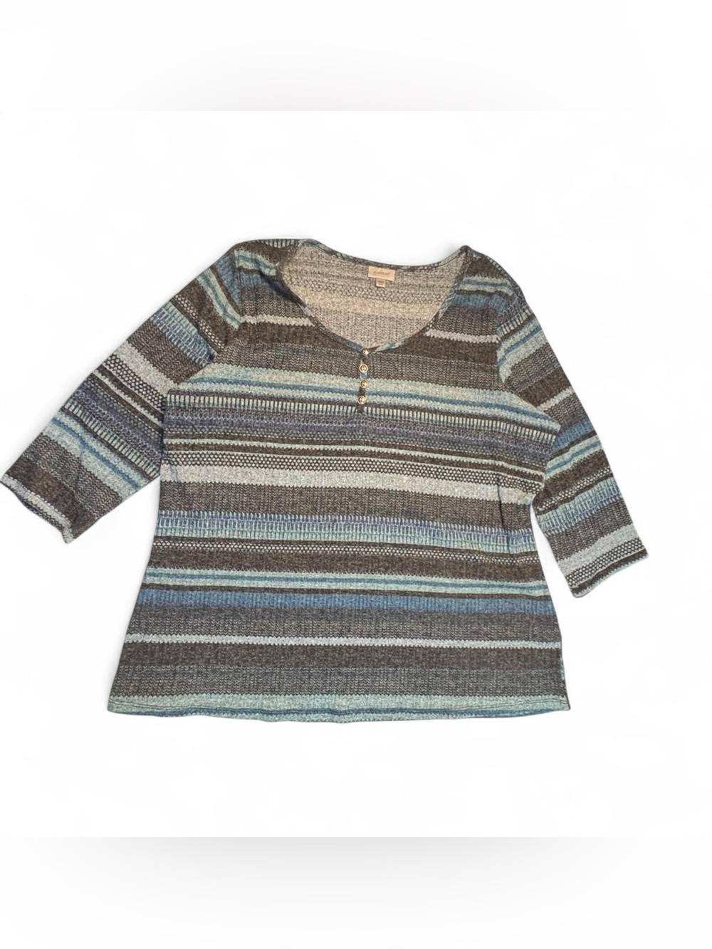 Avenue Blue Gray Striped Henley Top Women's Plus Size 26/28 Classic Minimalist
